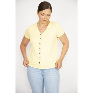 Şans Women's Yellow Plus Size V-Neck Front Decorative Buttoned Camisole Fabric Short Sleeve Blouse