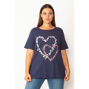 Şans Women's Plus Size Navy Blue Cotton Fabric Heart Printed Blouse