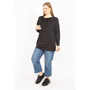 Şans Women's Black Plus Size Sweatshirt with Side Zipper Slits and Eyelets Detail