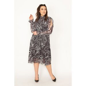 Şans Women's Plus Size Black Sleeve Slit and Collar Detailed Lined Chiffon Dress