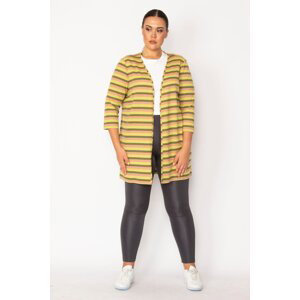 Şans Women's Large Size Khaki Striped Viscose Cardigan