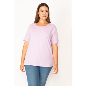 Şans Women's Plus Size Lilac Cotton Fabric Crew Neck Short Sleeve Blouse