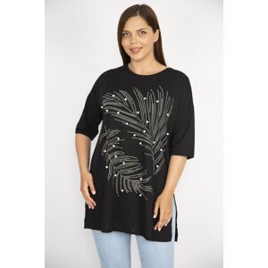 Şans Women's Plus Size Black Stone And Pearl Embroidered Crew Neck Blouse with Side Slit