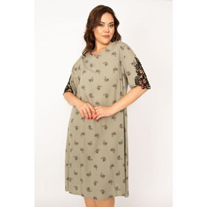 Şans Women's Plus Size Khaki Woven Viscose Fabric V Neck Lace Detailed Dress