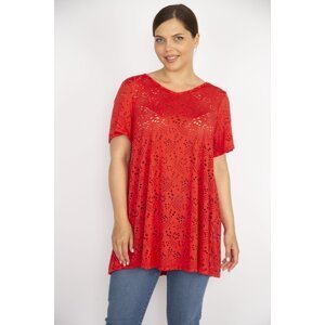 Şans Women's Pomegranate Large Size Perforated Fabric V-Neck Short Sleeve Blouse