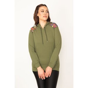Şans Women's Plus Size Khaki Sequin Detail Hooded Sweatshirt