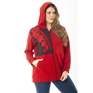 Şans Women's Plus Size Red Dueble Face Fabric Zipper And Hooded Sweatshirt