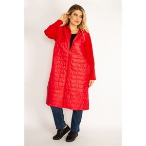 Şans Women's Large Size Red Front Quilted Zipper and Hooded Coat