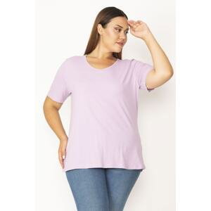 Şans Women's Large Size Lilac Cotton Fabric V-Neck Short Sleeve Blouse