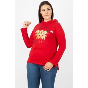 Şans Women's Plus Size Red Cotton Fabric Printed Hooded Sweatshirt