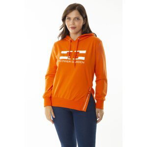 Şans Women's Plus Size Orange Stone And Print Detail Hooded Side Slit Sweatshirt
