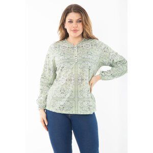 Şans Women's Plus Size Green Front Pat Buttoned Long Sleeve Blouse