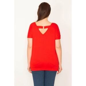 Şans Women's Large Size Red Back Detailed V-Neck Blouse