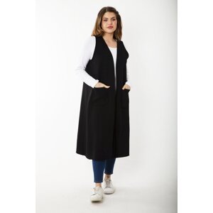 Şans Women's Plus Size Black Cachet Fabric Long Sleeveless Cape With Pocket