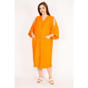 Şans Women's Orange Large Size Shoulder Low-Cut Front Button Dress