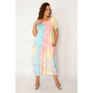 Şans Women's Plus Size Turquoise Tie Dye Pattern V Neck Pocket Dress