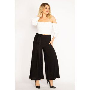 Şans Women's Large Size Black Lycra Sandy Fabric Wide Leg Belted Trousers