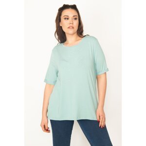 Şans Women's Plus Size Green Double Sleeve Blouse with Stone Detail on the Front