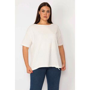 Şans Women's Plus Size Bone Front Silvery Nope Pattern Hem Lace Up Detailed Crew Neck Blouse