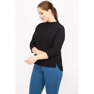 Şans Women's Black Plus Size Capri Sleeve Patterned Side Slit Blouse