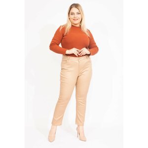 Şans Women's Beige Large Size Houndstooth Patterned Lycra 5 Pocket Trousers