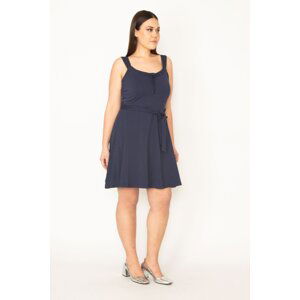 Şans Women's Plus Size Navy Blue Cotton Fabric Strap Chest Gathering And Bow Detailed Dress