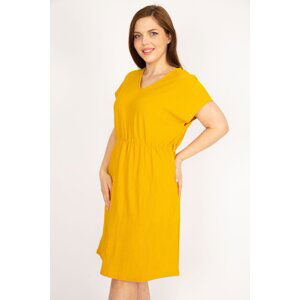 Şans Women's Mustard Plus Size Low Sleeve Dress with Elastic Waist Part and V-Neck
