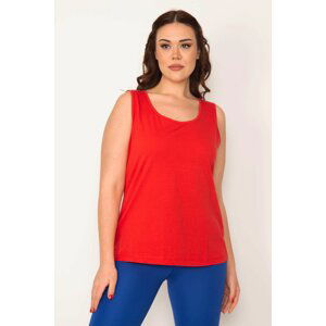 Şans Women's Plus Size Red Cotton Fabric Crew Neck Tank Top