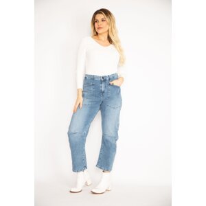 Şans Women's Plus Size Blue Jeans With Pocket And Collar Stitching Detail