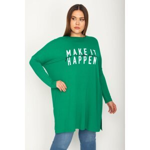 Şans Women's Plus Size Green Crew Collar Front Printed Long Sleeve Tunic with Side Slits
