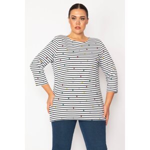 Şans Women's Plus Size Bone Line And Points Patterned Capri Sleeved Tunic