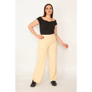 Şans Women's Large Size Yellow Elastic Waist Self-Striped Trousers