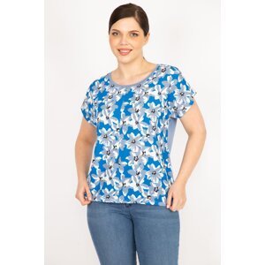 Şans Women's Blue Plus Size Front Patterned Blouse