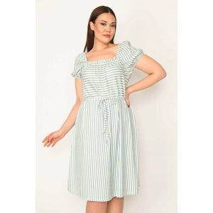 Şans Women's Plus Size Green Collar And Sleeve Elastic Detailed Striped Combine Dress