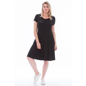 Şans Women's Large Size Black Viscose Fabric Pleat Detailed Short Sleeve Dress