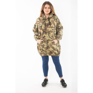 Şans Women's Plus Size Khaki Casual Fit Camouflage Patterned Hooded Kangaroo Pocket Long Sweatshirt