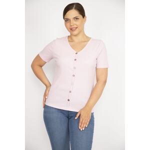 Şans Women's Pink Plus Size V-Neck Front Decorative Buttoned Camisole Fabric Short Sleeve Blouse