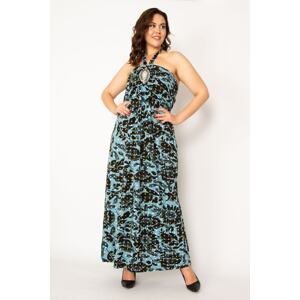 Şans Women's Plus Size Colorful Chest Stone Detailed Halterneck Strapless Dress