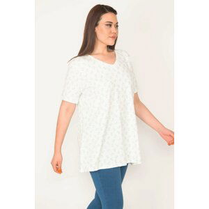 Şans Women's Plus Size Bone Cotton Fabric V-Neck Patterned Tunic