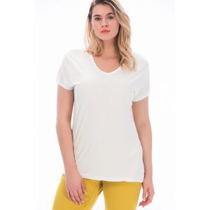 Şans Women's Plus Size Bone Cotton Fabric V-Neck Blouse