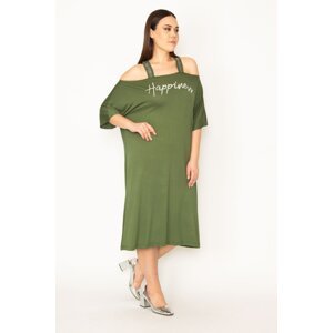Şans Women's Plus Size Khaki Silvery Detailed Front Printed Viscose Dress
