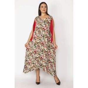 Şans Women's Plus Size Red Sleeve Detailed Floral Patterned Dress