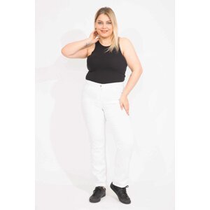 Şans Women's White Large Size Belt Braided Lycra 5 Pocket Jeans