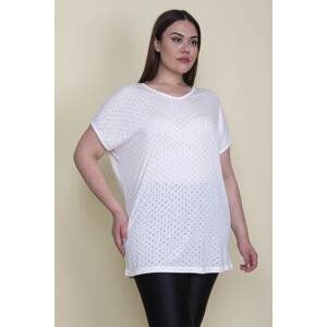 Şans Women's Plus Size Bone Nope Fabric V-Neck Low Sleeve Blouse