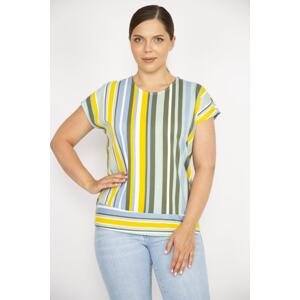 Şans Women's Colorful Plus Size Cotton Fabric Low Sleeve Striped Blouse