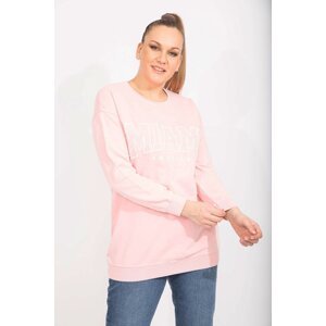 Şans Women's Plus Size Pink Cotton Sweatshirt with Stones And Print Detail