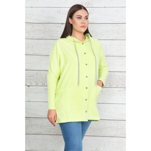Şans Women's Large Size Green Cotton Fabric Hooded Front Button Sweatshirt