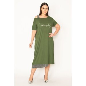 Şans Women's Plus Size Khaki Silvery Detailed Front Printed Dress