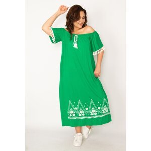Şans Women's Large Size Green Carmen Collar Long Dress with Embroidery and Tassel Detail