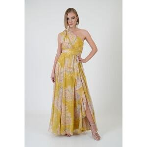 Carmen Yellow Single Sleeve Slit Printed Evening Dress